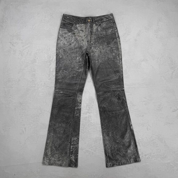 Vintage Bebe Flared Leg Black Leather Pants w/ Distressed Look Women's 4 - Picture 1 of 7